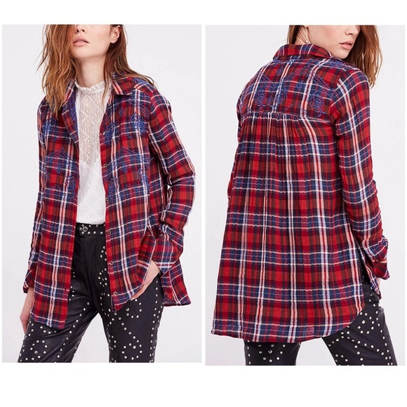 Free People Magical Plaid Embroidered Shirt Flannel Size Small - Picture 2 of 15